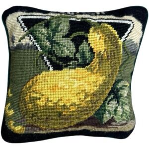 VTG Imperial Elegance Needlepoint Pillow Squash Veggie Green Velvet Zip Back‎ 9"